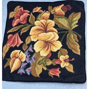 Vintage Floral Needlepoint Pillow Cover with Black Velvet Back & Zipper Closure
